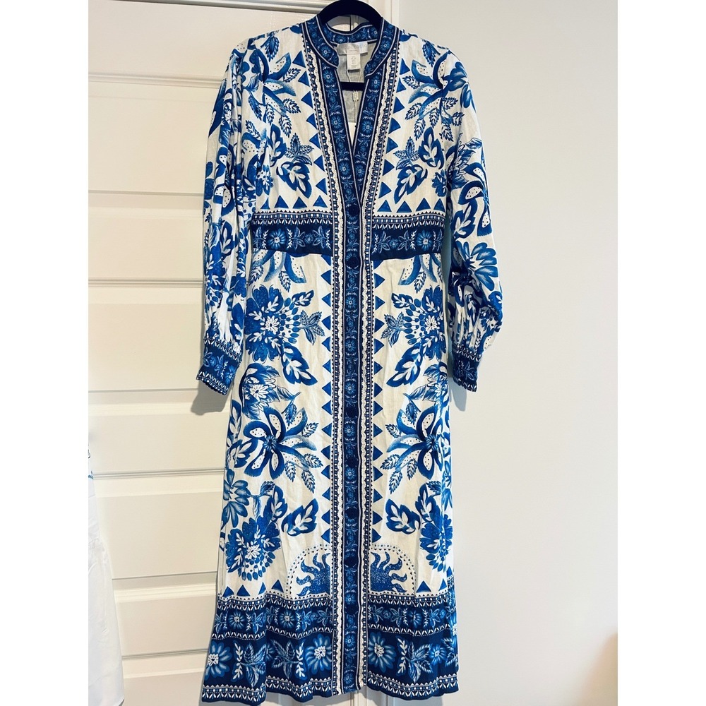 Caroline Constas Bette Maxi Dress Blue White Floral Linen Blend Button Front S